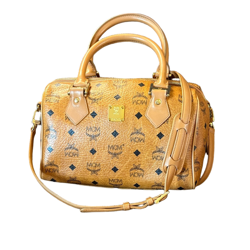 MCM Cognac Visetos Boston Bag with Strap